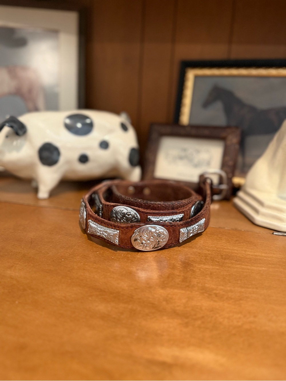 Vintage Western Unisex Tooled Brown Leather Belt with Silver Concho Accents